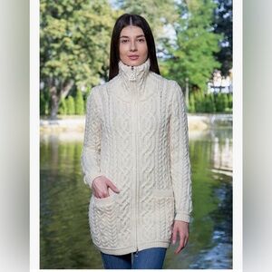 SAOL Ladies Cardigan Sweater Aran Zip Coatigan 100% Merino Wool L